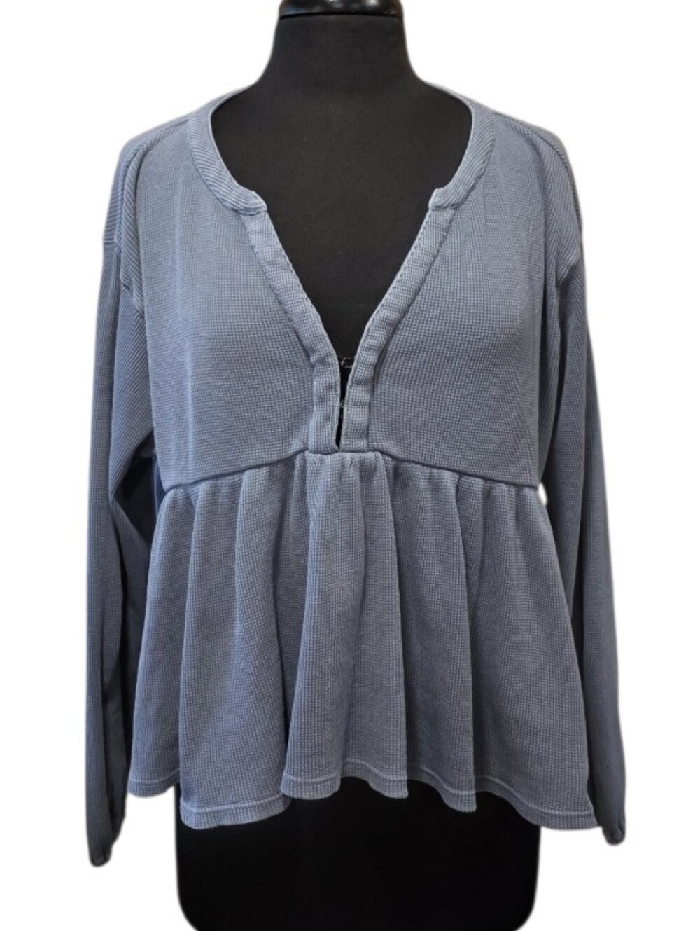 Lucky Brand Dusty Blue Peplum Henley Long Sleeve Top